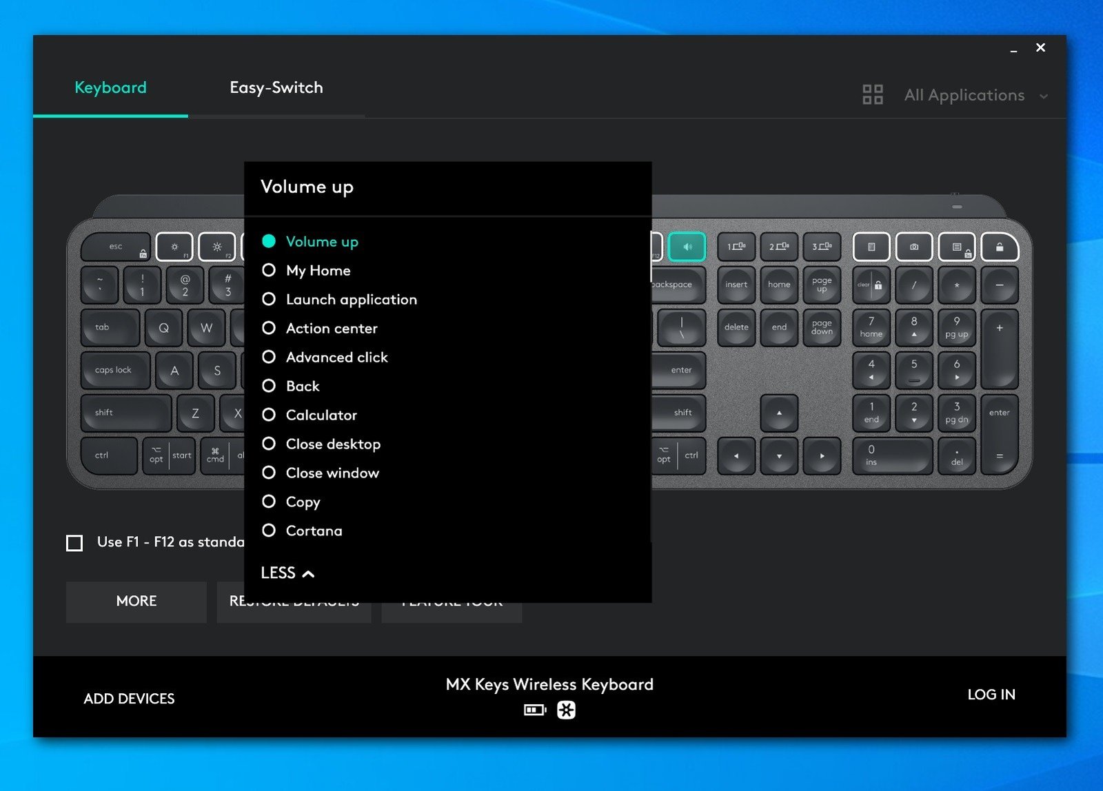 Logitech MX Keys привязка команд
