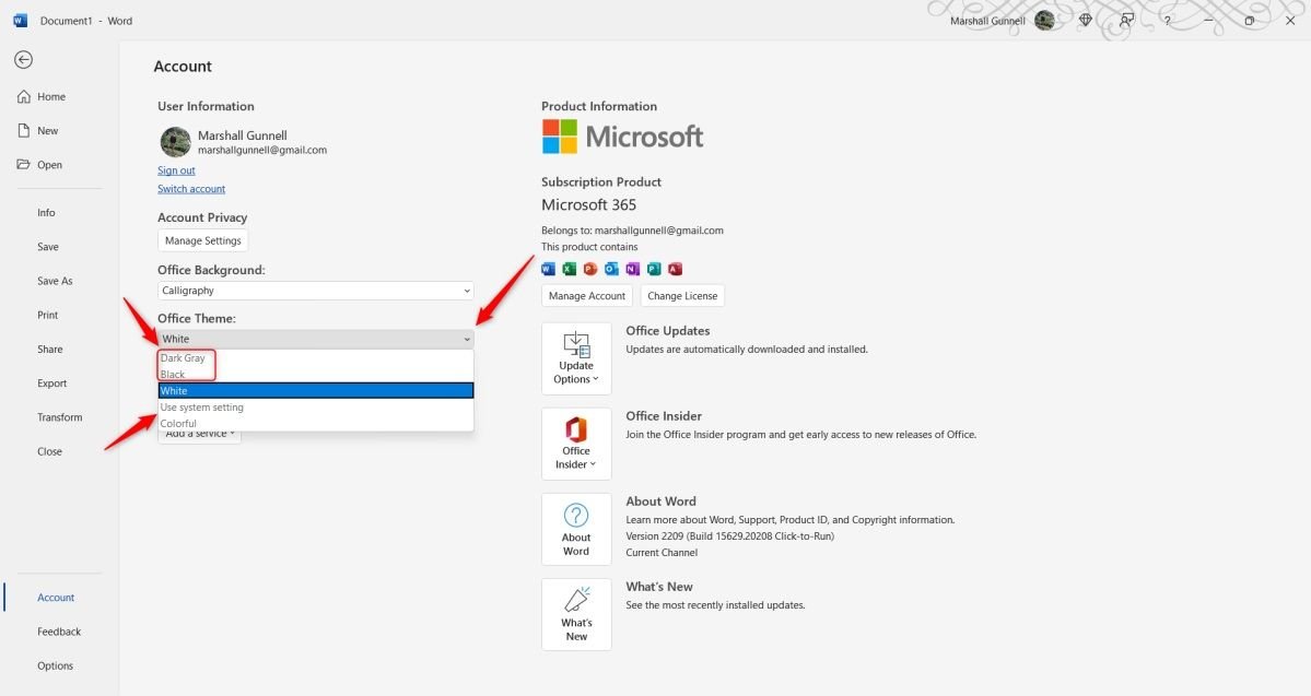 темный режим в Microsoft Office